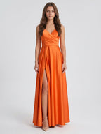 Orange Satin A-Line V-Neck Backless Ankle Bridesmaid Dress with Pleated Details - Curvevia