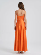 Orange Satin A-Line V-Neck Backless Ankle Bridesmaid Dress with Pleated Details - Curvevia