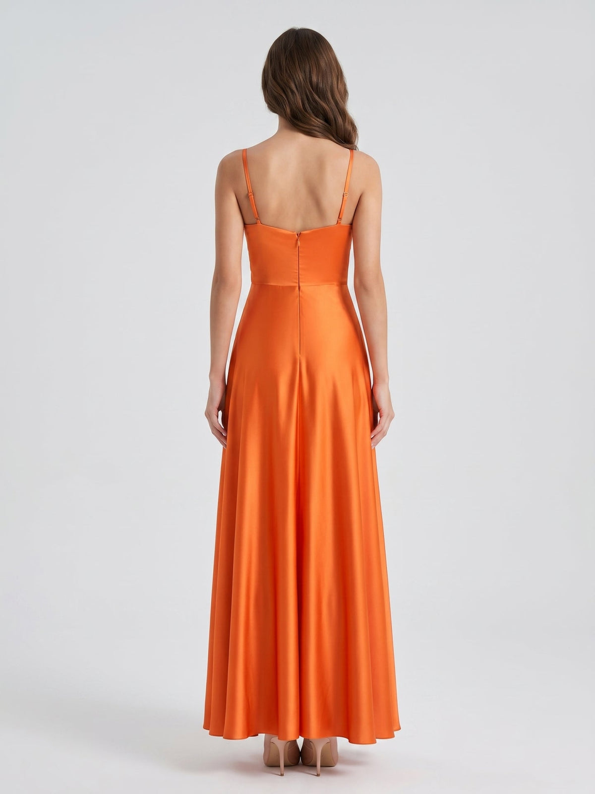 Orange Satin A-Line V-Neck Backless Ankle Bridesmaid Dress with Pleated Details - Curvevia