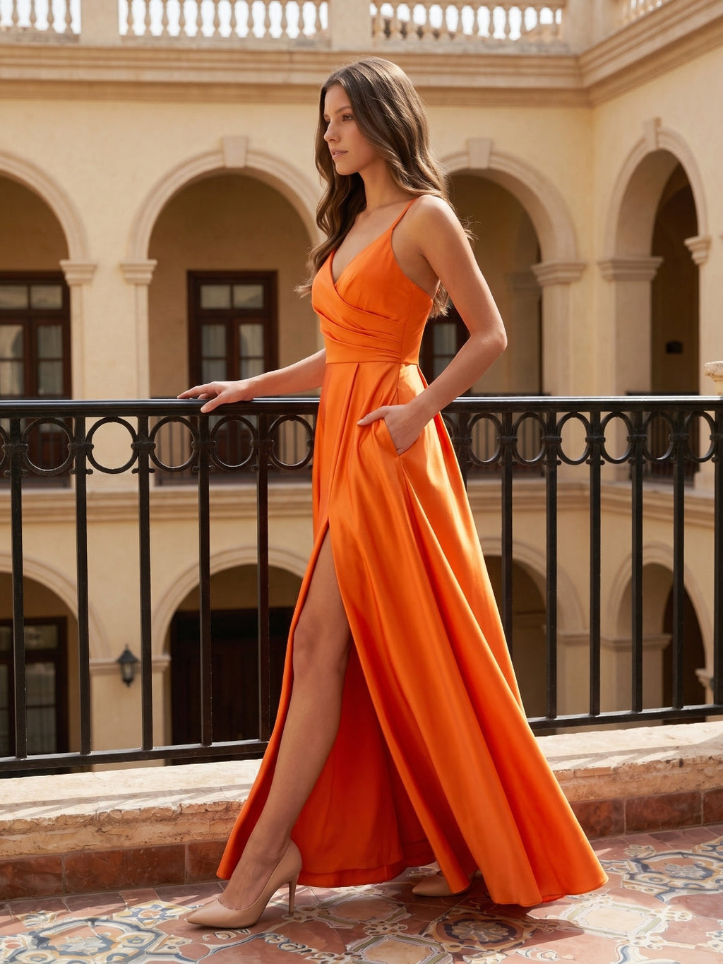 Orange Satin A-Line V-Neck Backless Ankle Bridesmaid Dress with Pleated Details - Curvevia