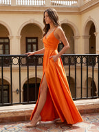 Orange Satin A-Line V-Neck Backless Ankle Bridesmaid Dress with Pleated Details - Curvevia