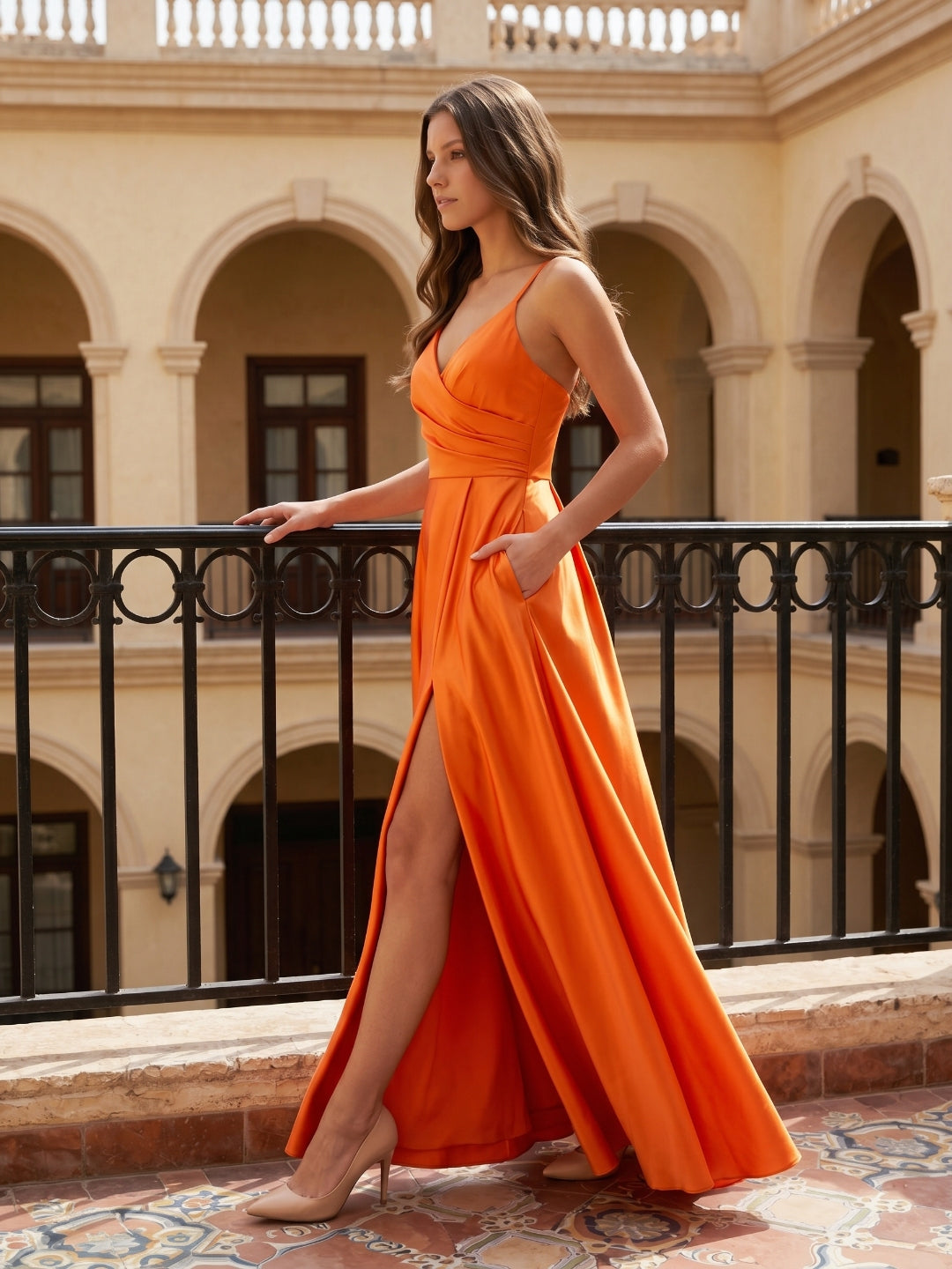 Orange Satin A-Line V-Neck Backless Ankle Bridesmaid Dress with Pleated Details - Curvevia