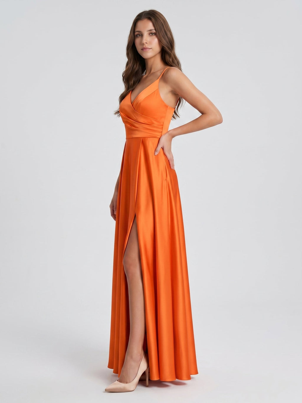 Orange Satin A-Line V-Neck Backless Ankle Bridesmaid Dress with Pleated Details - Curvevia