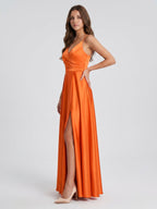 Orange Satin A-Line V-Neck Backless Ankle Bridesmaid Dress with Pleated Details - Curvevia
