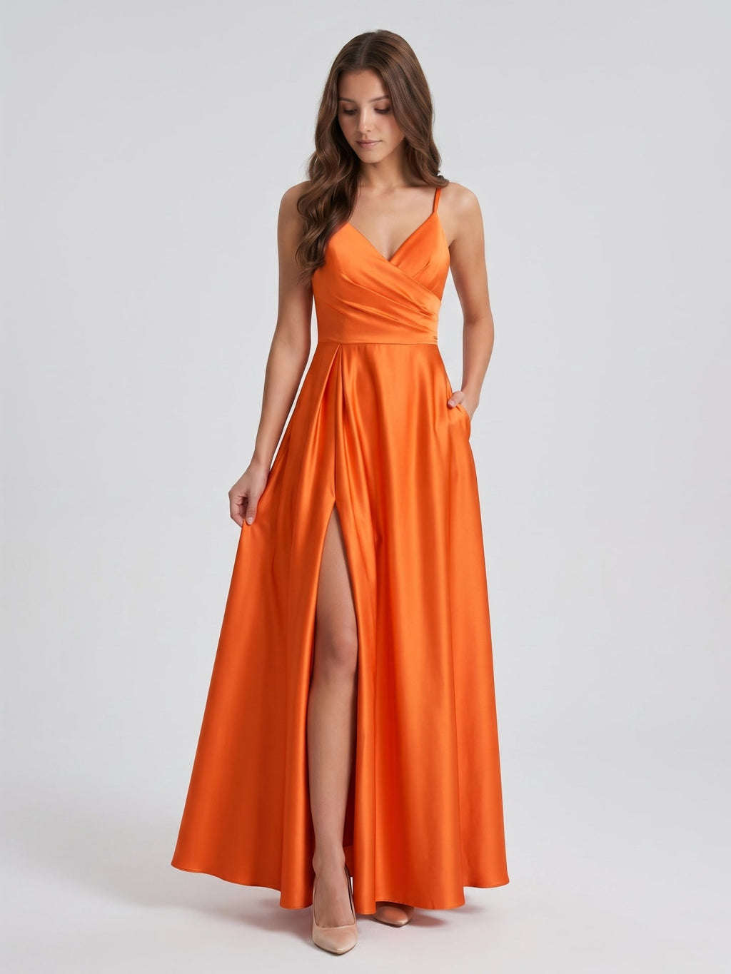 Orange Satin A-Line V-Neck Backless Ankle Bridesmaid Dress with Pleated Details - Curvevia