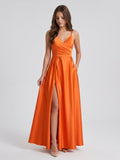 Orange Satin A-Line V-Neck Backless Ankle Bridesmaid Dress with Pleated Details - Curvevia