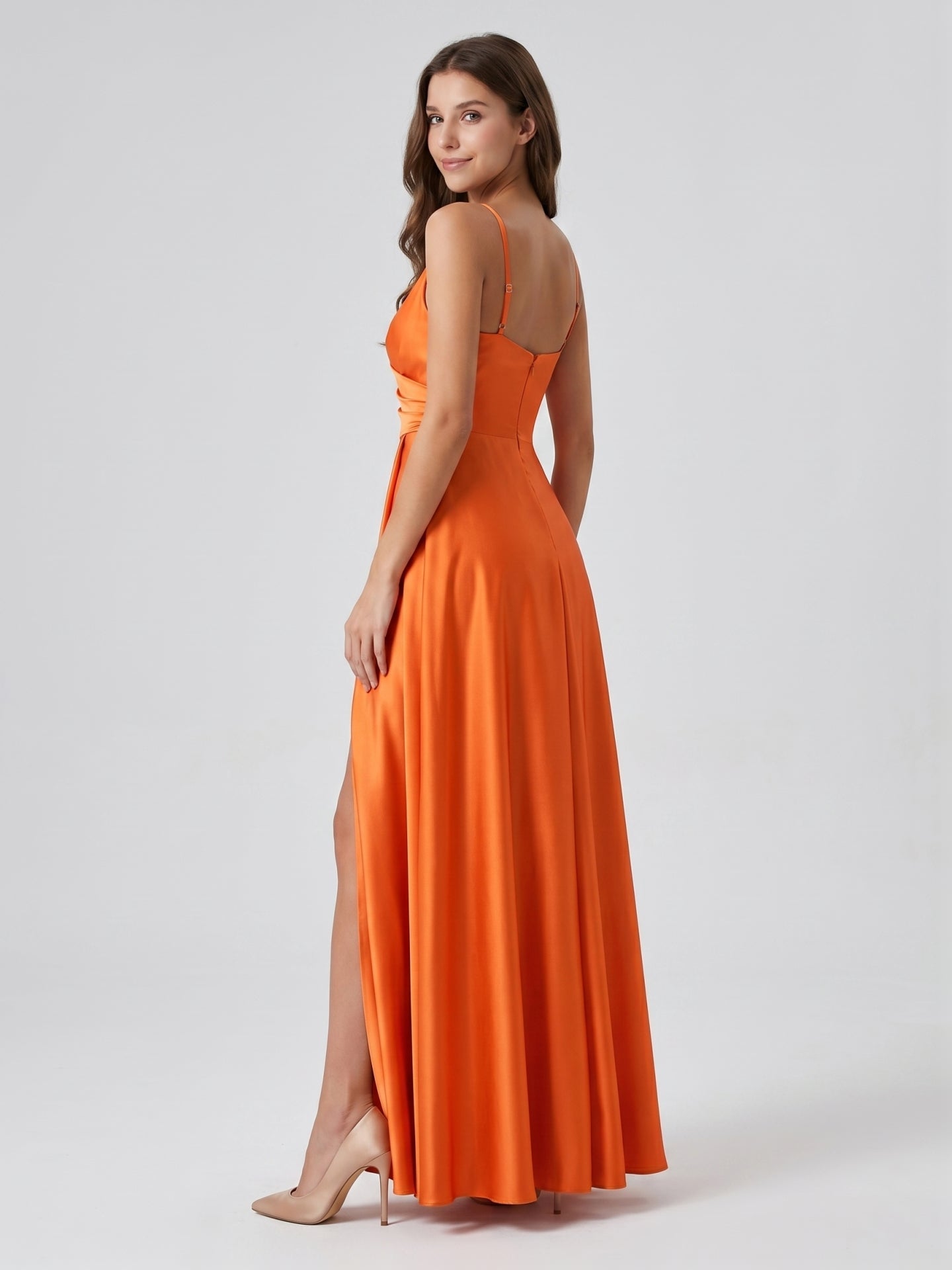 Orange Satin A-Line V-Neck Backless Ankle Bridesmaid Dress with Pleated Details - Curvevia