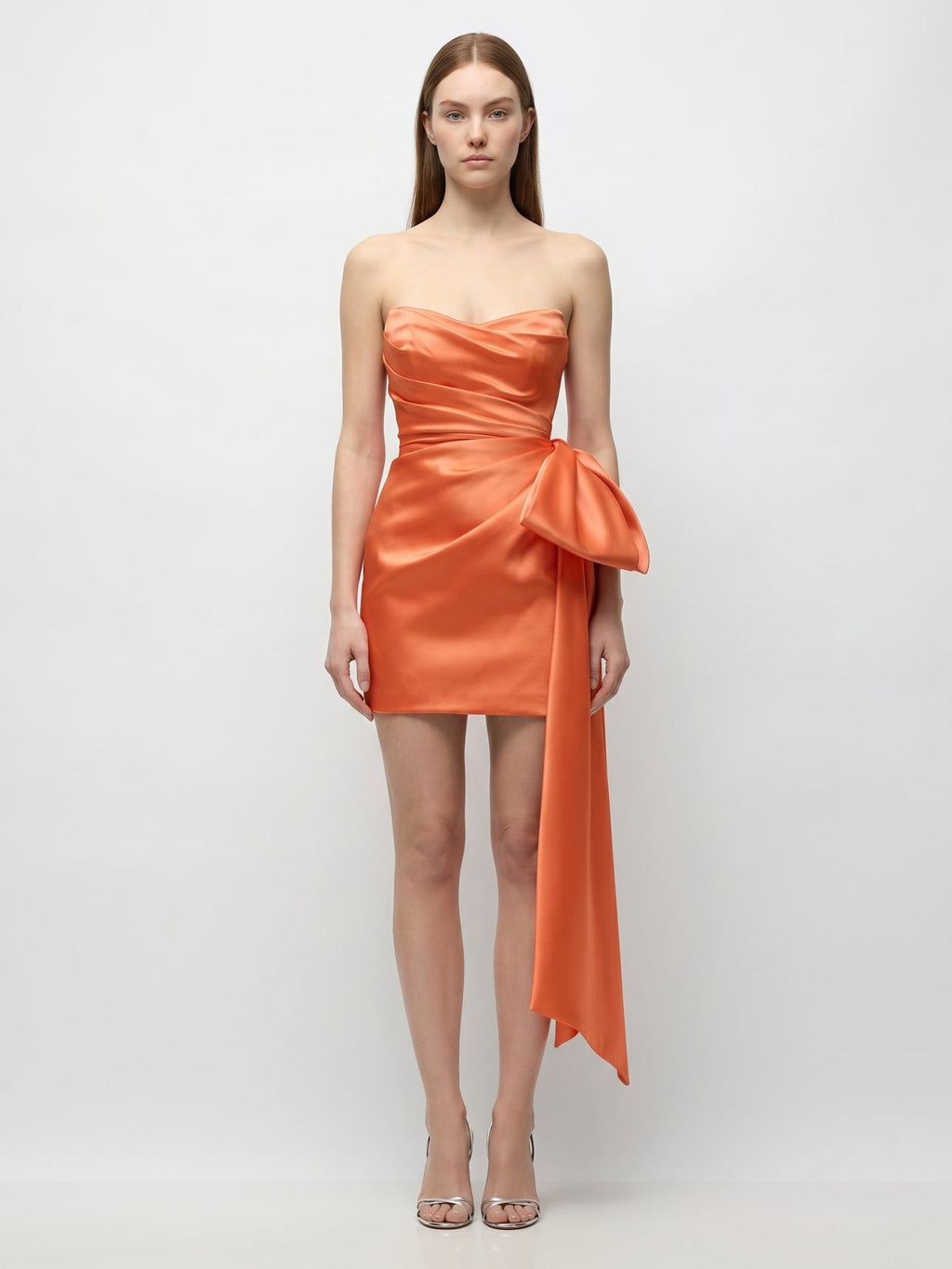 Orange Satin Column Sweetheart Backless Knee-Length Bridesmaid Dress with Bow - Curvevia