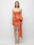 Orange Satin Column Sweetheart Backless Knee-Length Bridesmaid Dress with Bow - Curvevia
