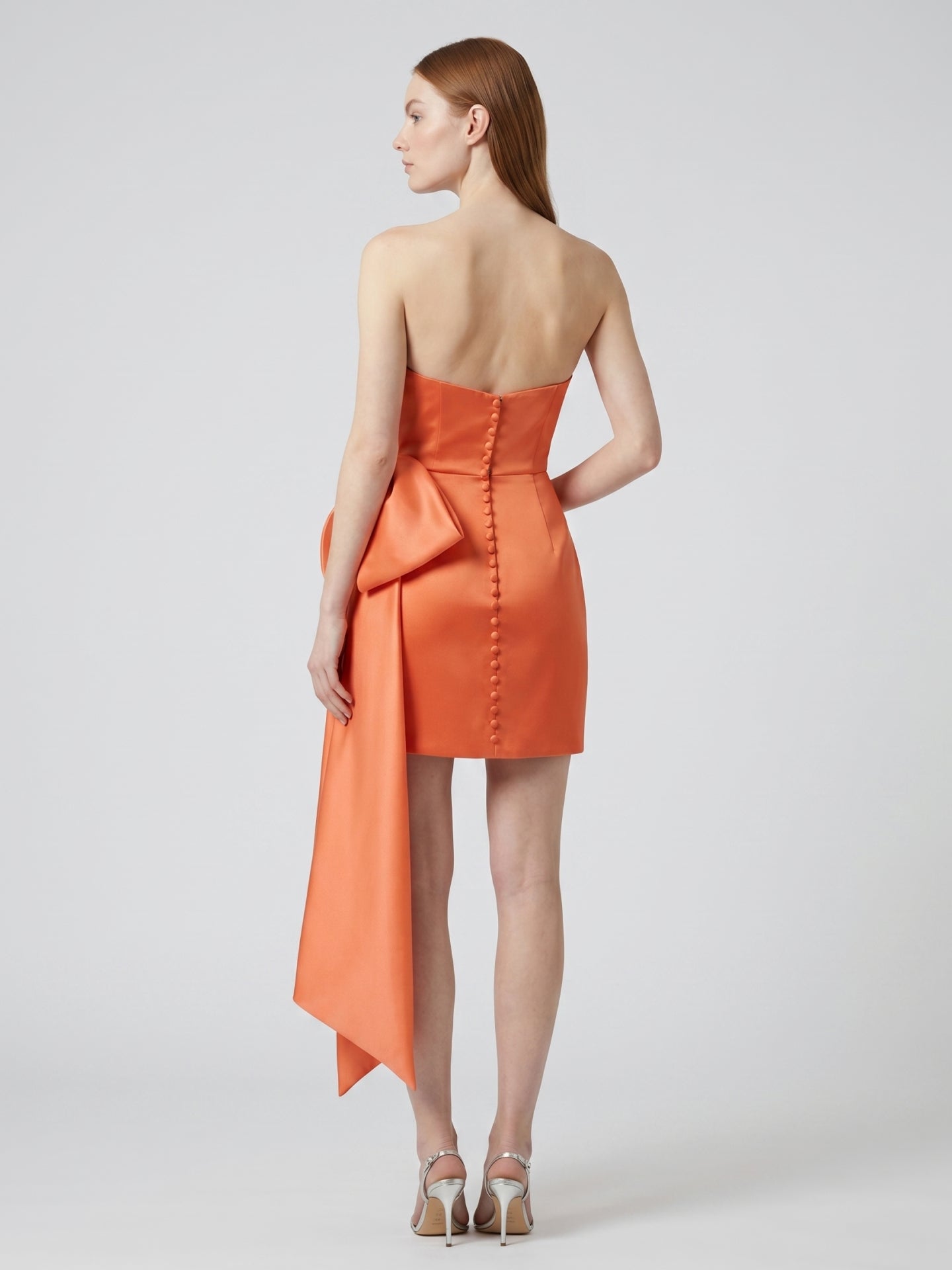 Orange Satin Column Sweetheart Backless Knee-Length Bridesmaid Dress with Bow - Curvevia