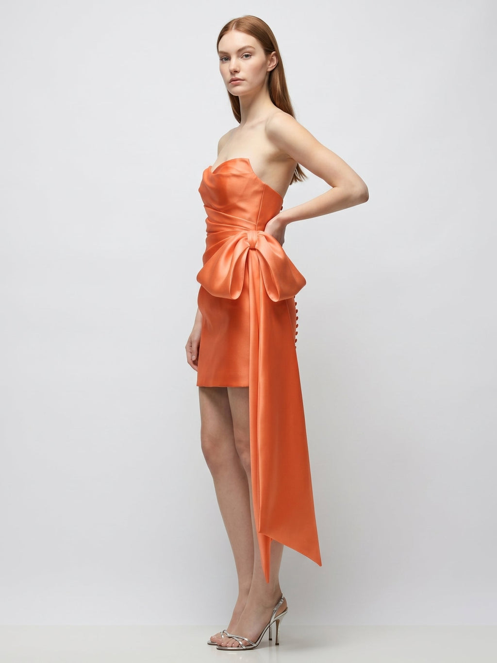 Orange Satin Column Sweetheart Backless Knee-Length Bridesmaid Dress with Bow - Curvevia