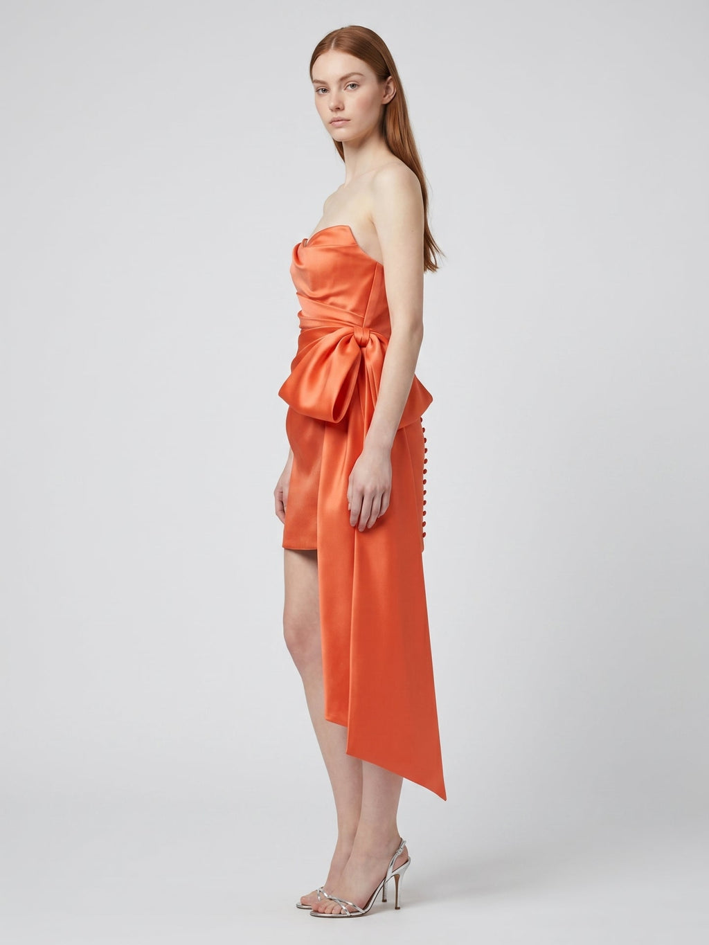 Orange Satin Column Sweetheart Backless Knee-Length Bridesmaid Dress with Bow - Curvevia