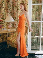 Orange Satin Column Sweetheart Criss-Cross Floor-Length Bridesmaid Dress with Pleats - Curvevia
