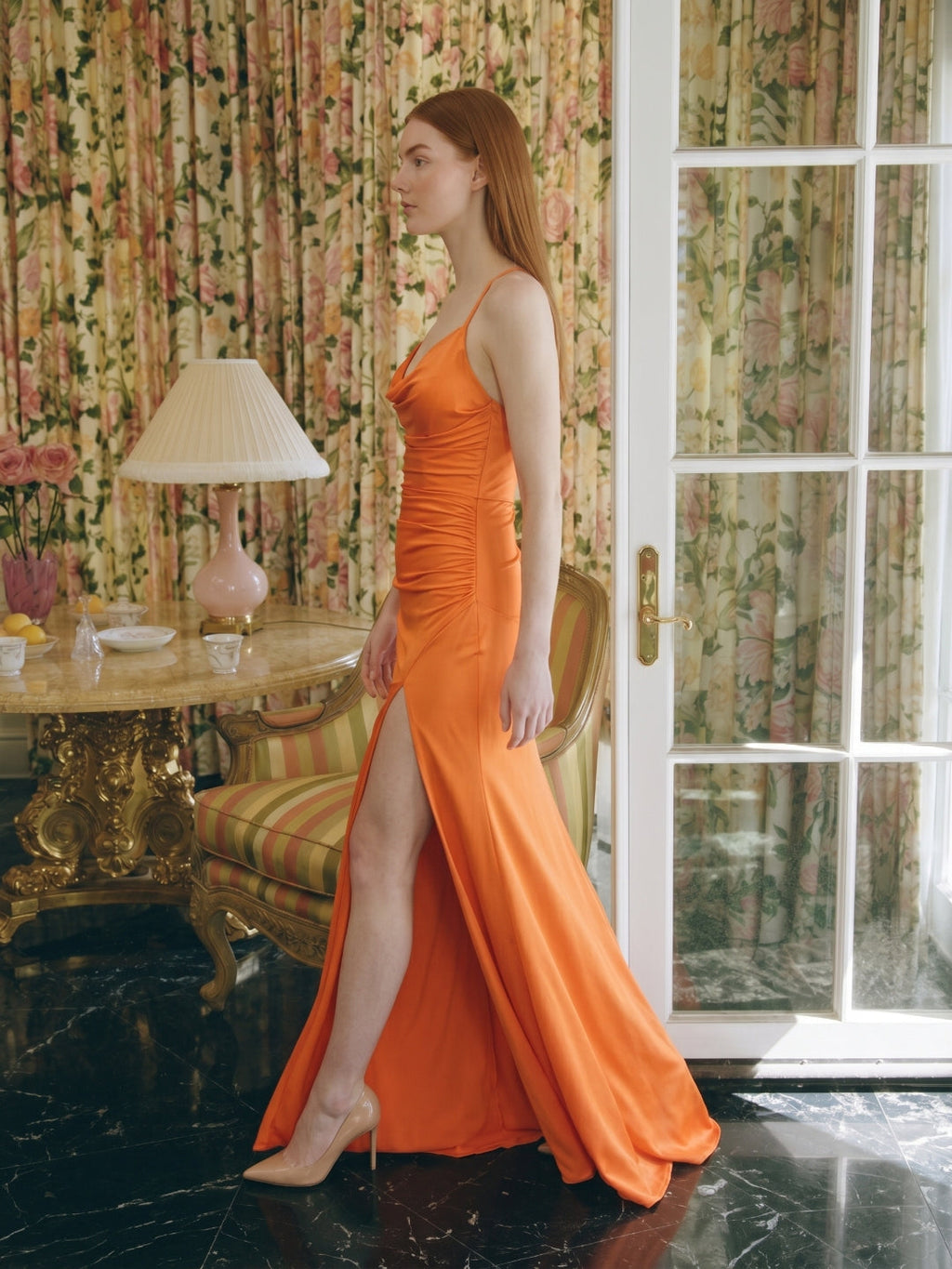 Orange Satin Column Sweetheart Criss-Cross Floor-Length Bridesmaid Dress with Pleats - Curvevia
