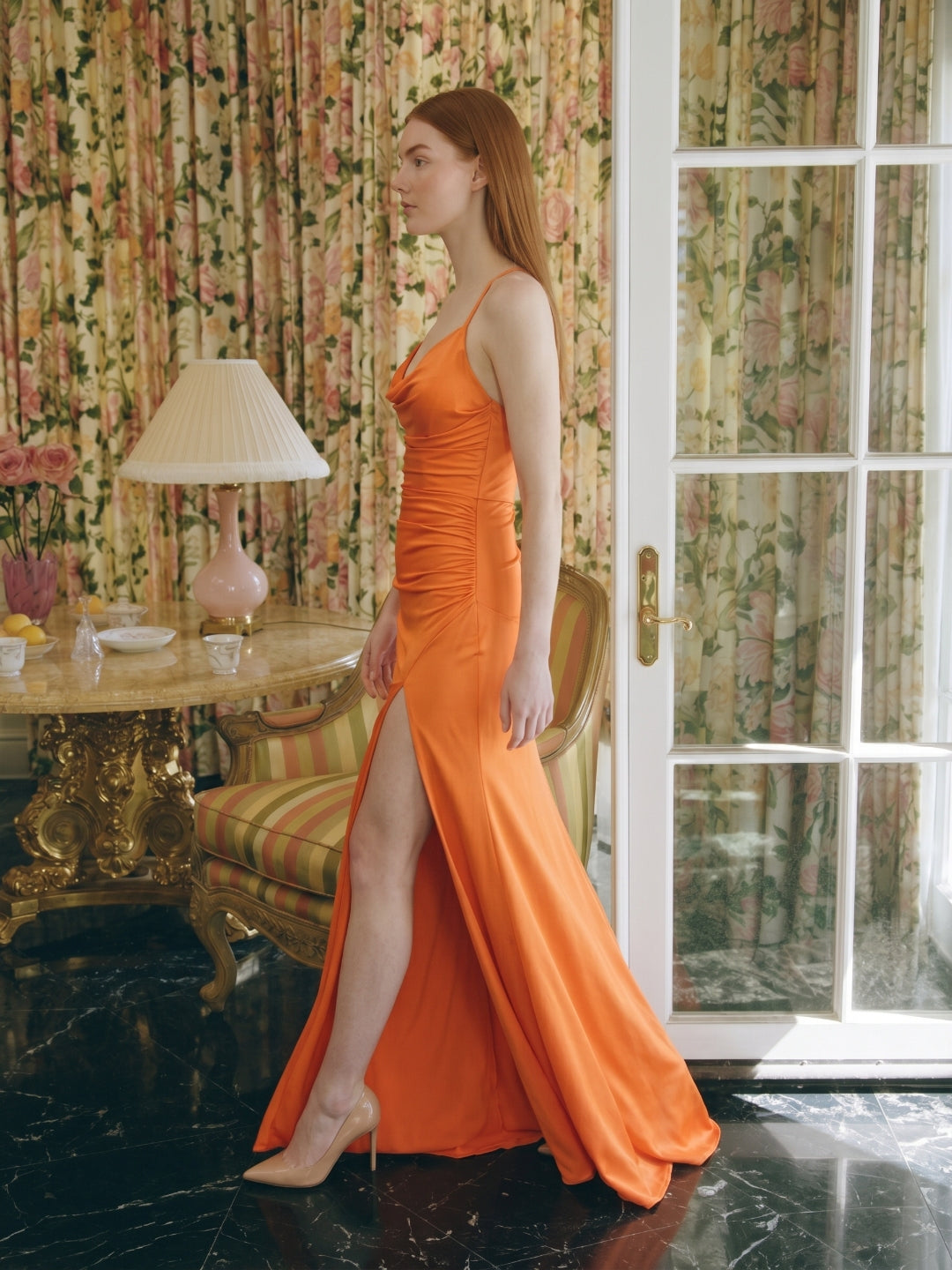 Orange Satin Column Sweetheart Criss-Cross Floor-Length Bridesmaid Dress with Pleats - Curvevia
