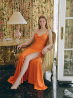 Orange Satin Column Sweetheart Criss-Cross Floor-Length Bridesmaid Dress with Pleats - Curvevia