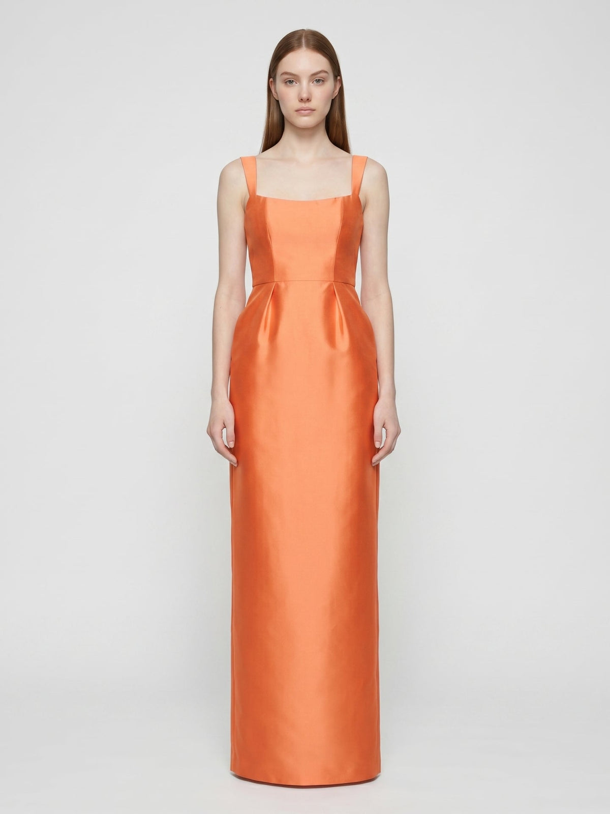 Orange Satin Sheath Square Neck Back Zip Floor-Length Bridesmaid Dress - Curvevia