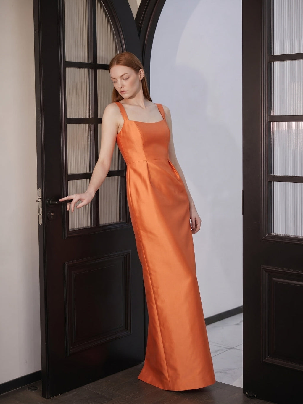 Orange Satin Sheath Square Neck Back Zip Floor-Length Bridesmaid Dress - Curvevia