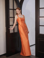 Orange Satin Sheath Square Neck Back Zip Floor-Length Bridesmaid Dress - Curvevia