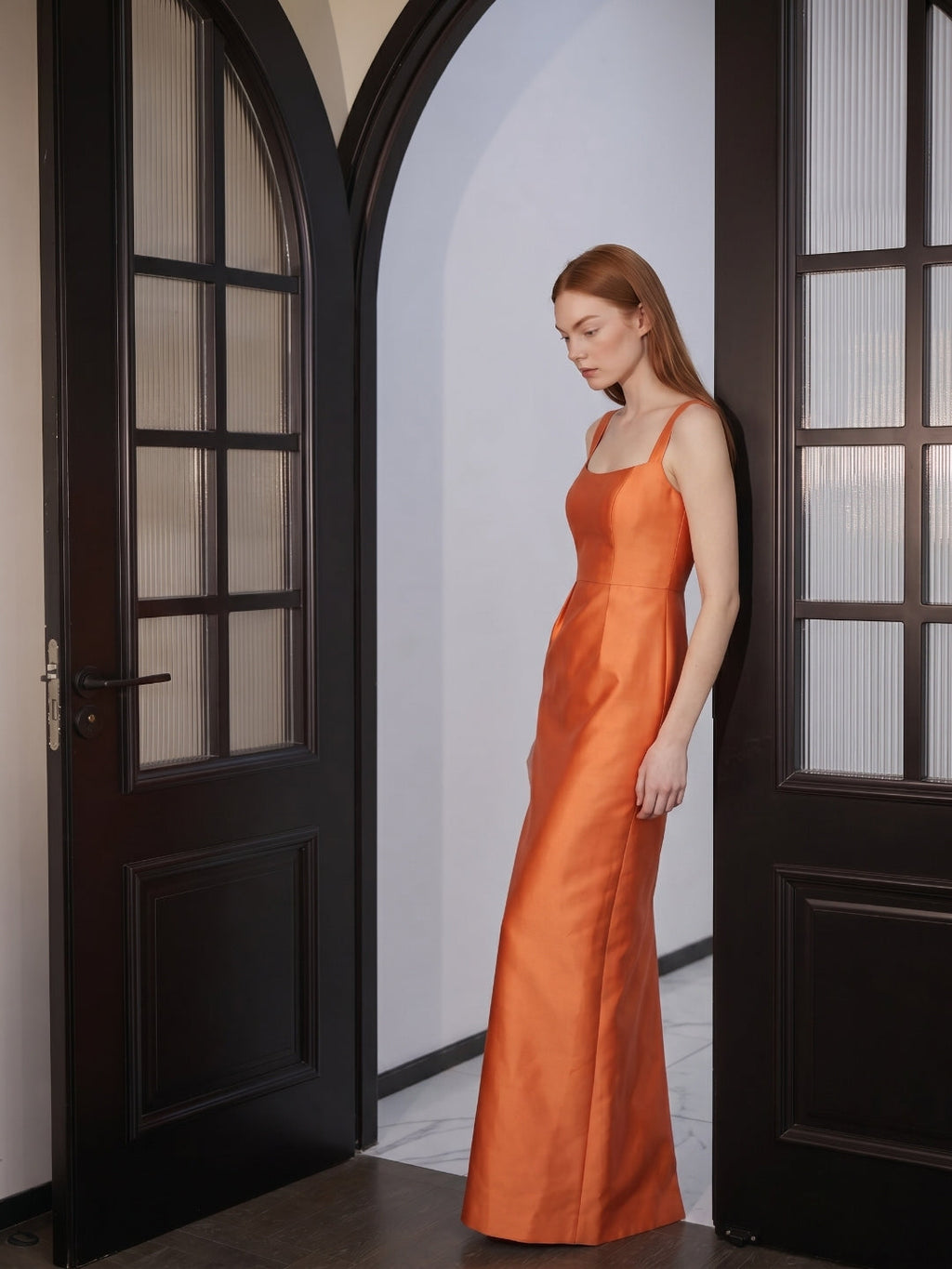 Orange Satin Sheath Square Neck Back Zip Floor-Length Bridesmaid Dress - Curvevia