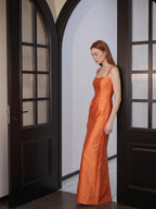 Orange Satin Sheath Square Neck Back Zip Floor-Length Bridesmaid Dress - Curvevia