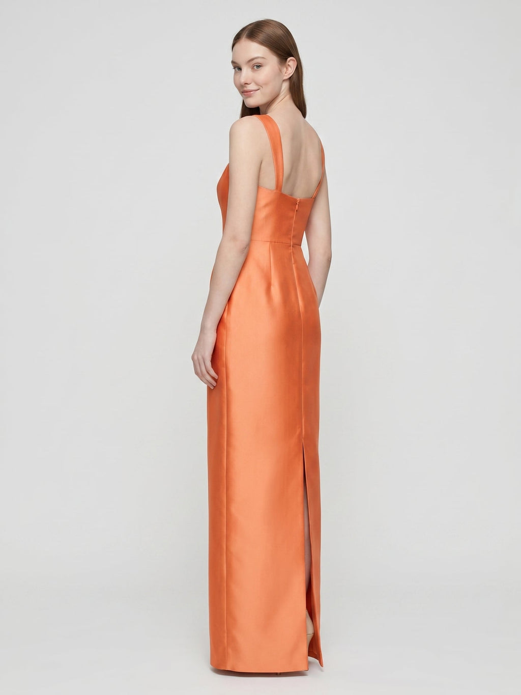 Orange Satin Sheath Square Neck Back Zip Floor-Length Bridesmaid Dress - Curvevia