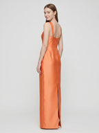 Orange Satin Sheath Square Neck Back Zip Floor-Length Bridesmaid Dress - Curvevia