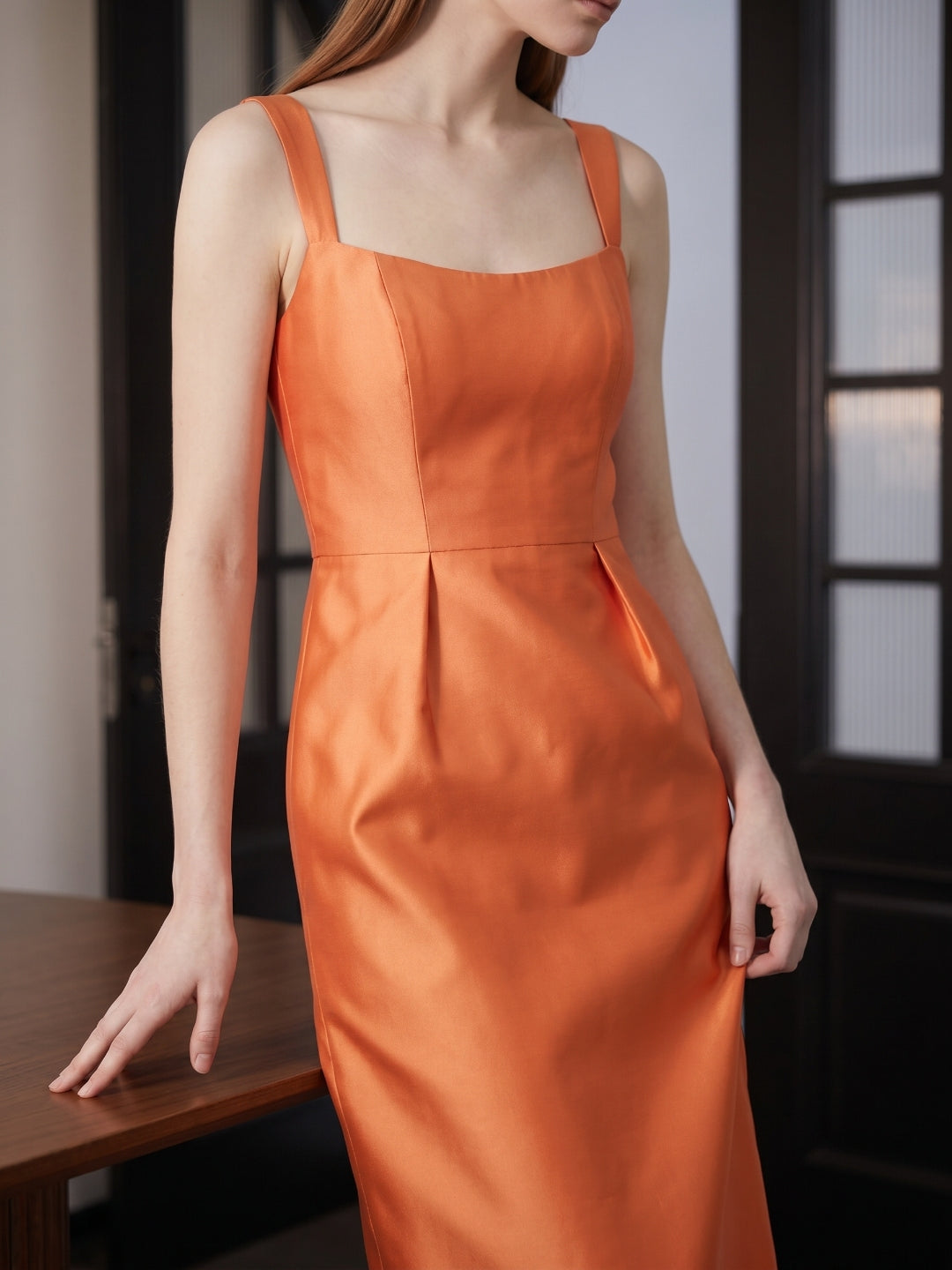 Orange Satin Sheath Square Neck Back Zip Floor-Length Bridesmaid Dress - Curvevia