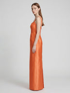 Orange Satin Sheath Square Neck Back Zip Floor-Length Bridesmaid Dress - Curvevia
