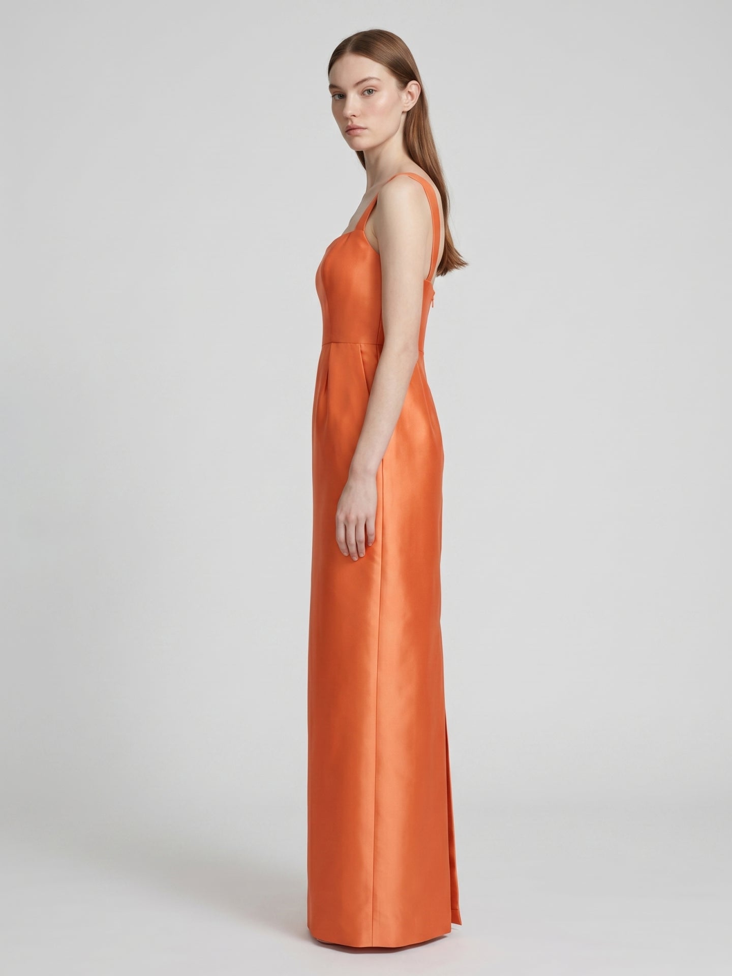 Orange Satin Sheath Square Neck Back Zip Floor-Length Bridesmaid Dress - Curvevia