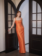 Orange Satin Sheath Square Neck Back Zip Floor-Length Bridesmaid Dress - Curvevia
