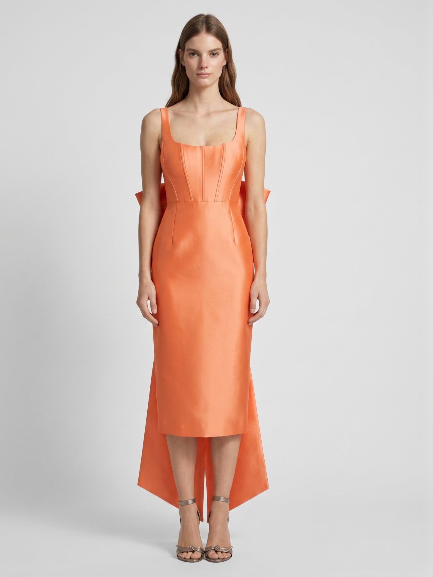 Orange Satin Sheath Square Neck Backless Tea-Length Bridesmaid Dress with Bow - Curvevia