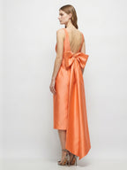 Orange Satin Sheath Square Neck Backless Tea-Length Bridesmaid Dress with Bow - Curvevia