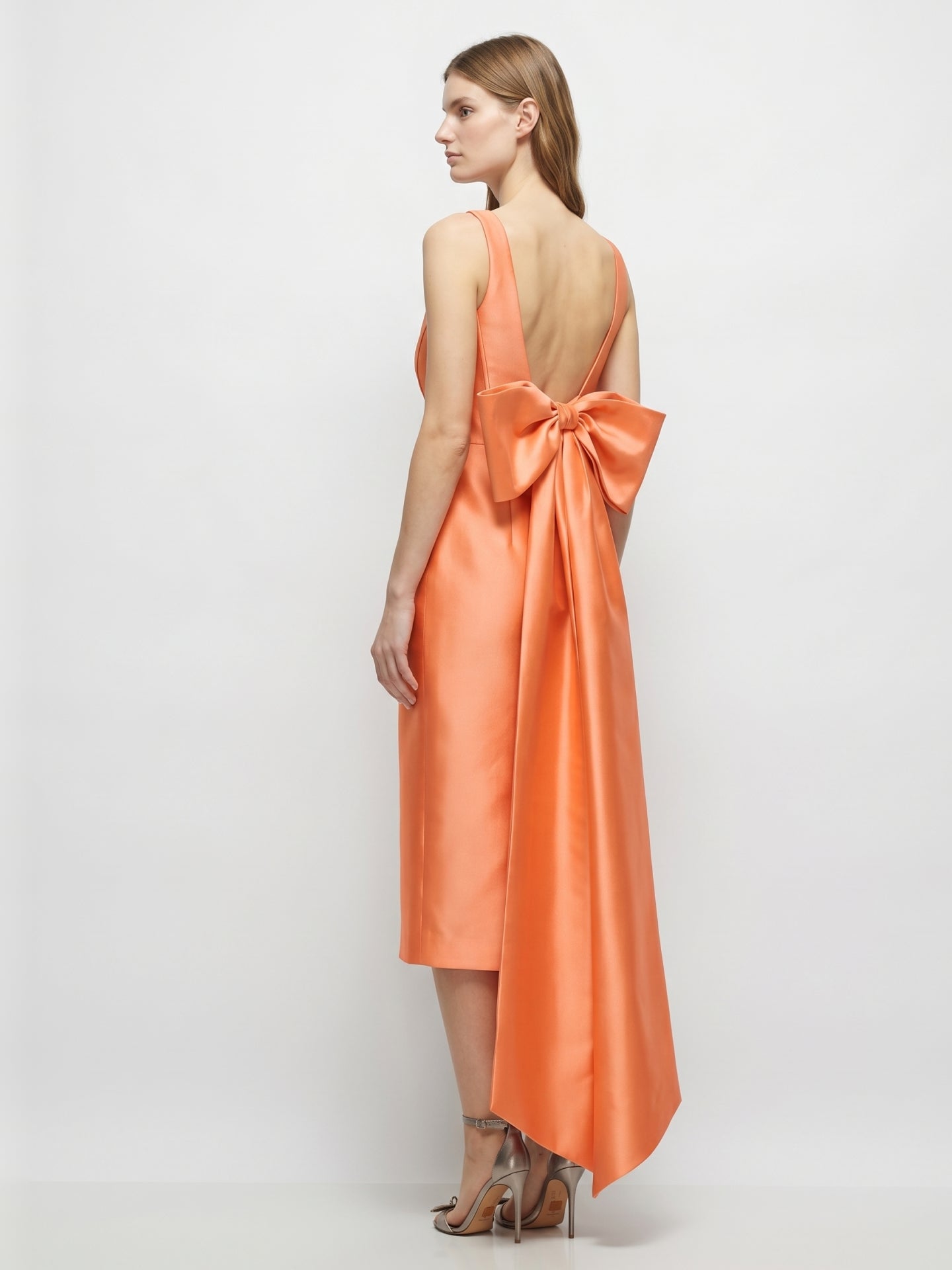 Orange Satin Sheath Square Neck Backless Tea-Length Bridesmaid Dress with Bow - Curvevia