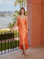 Orange Satin Sheath Square Neck Backless Tea-Length Bridesmaid Dress with Bow - Curvevia
