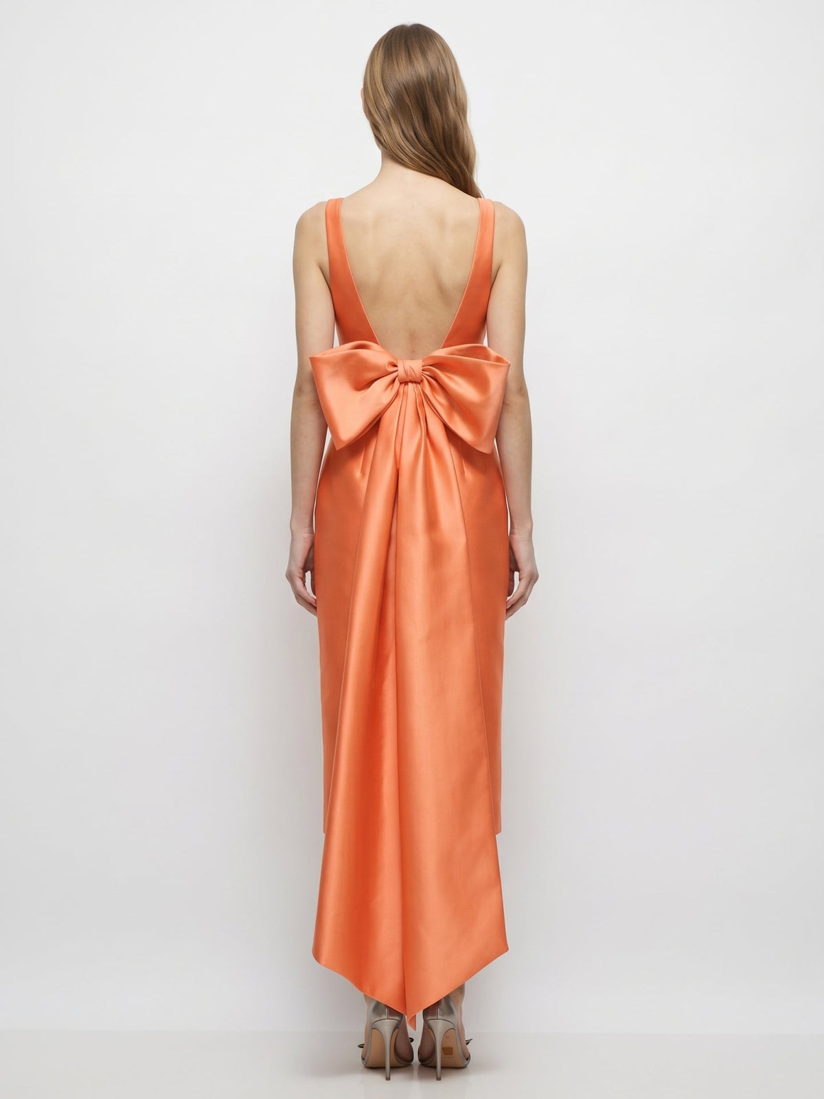 Orange Satin Sheath Square Neck Backless Tea-Length Bridesmaid Dress with Bow - Curvevia