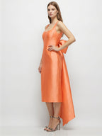 Orange Satin Sheath Square Neck Backless Tea-Length Bridesmaid Dress with Bow - Curvevia