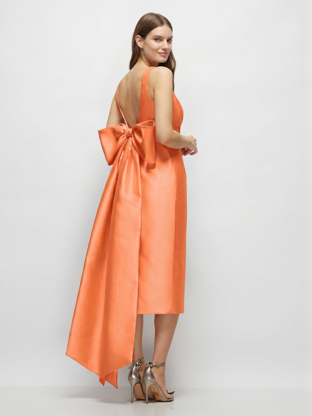 Orange Satin Sheath Square Neck Backless Tea-Length Bridesmaid Dress with Bow - Curvevia
