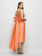 Orange Satin Sheath Square Neck Backless Tea-Length Bridesmaid Dress with Bow - Curvevia