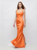 Orange Satin Sheath Square Neck Floor-Length Bridesmaid Dress - Curvevia