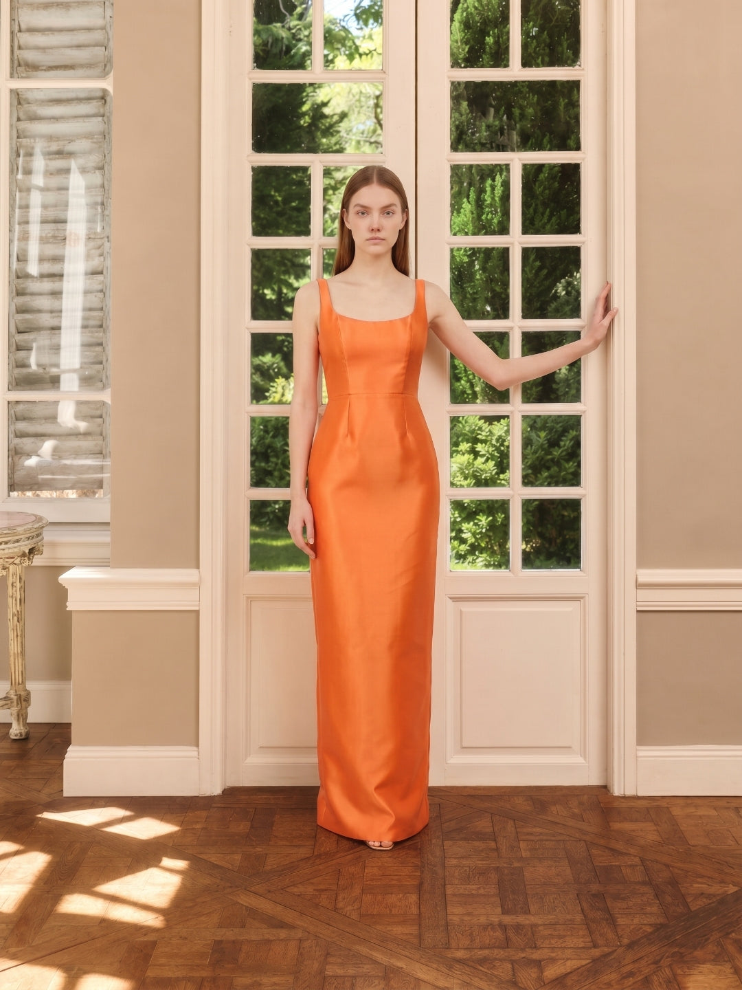 Orange Satin Sheath Square Neck Floor-Length Bridesmaid Dress - Curvevia