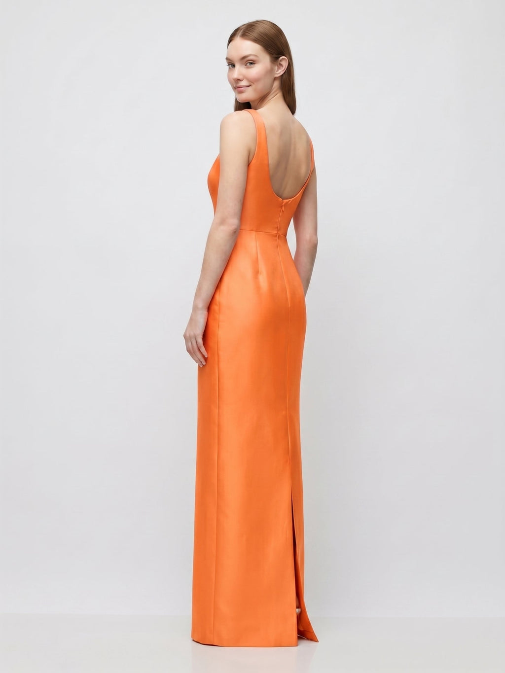 Orange Satin Sheath Square Neck Floor-Length Bridesmaid Dress - Curvevia