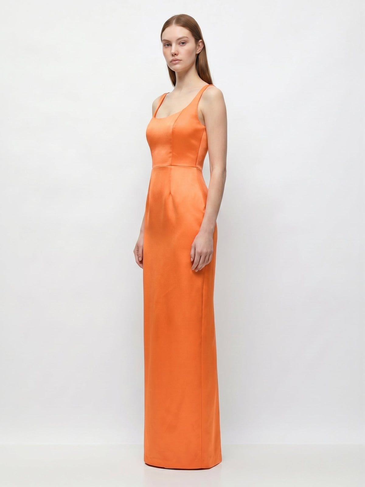 Orange Satin Sheath Square Neck Floor-Length Bridesmaid Dress - Curvevia