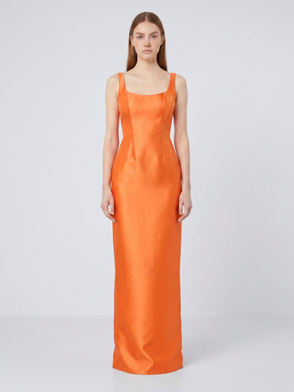 Orange Satin Sheath Square Neck Floor-Length Bridesmaid Dress - Curvevia