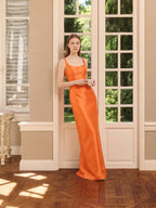 Orange Satin Sheath Square Neck Floor-Length Bridesmaid Dress - Curvevia