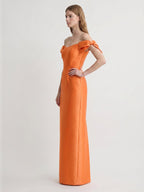 Orange Satin Sheath Straight Neck Back Zip Floor-Length Bridesmaid Dress with Bow - Curvevia