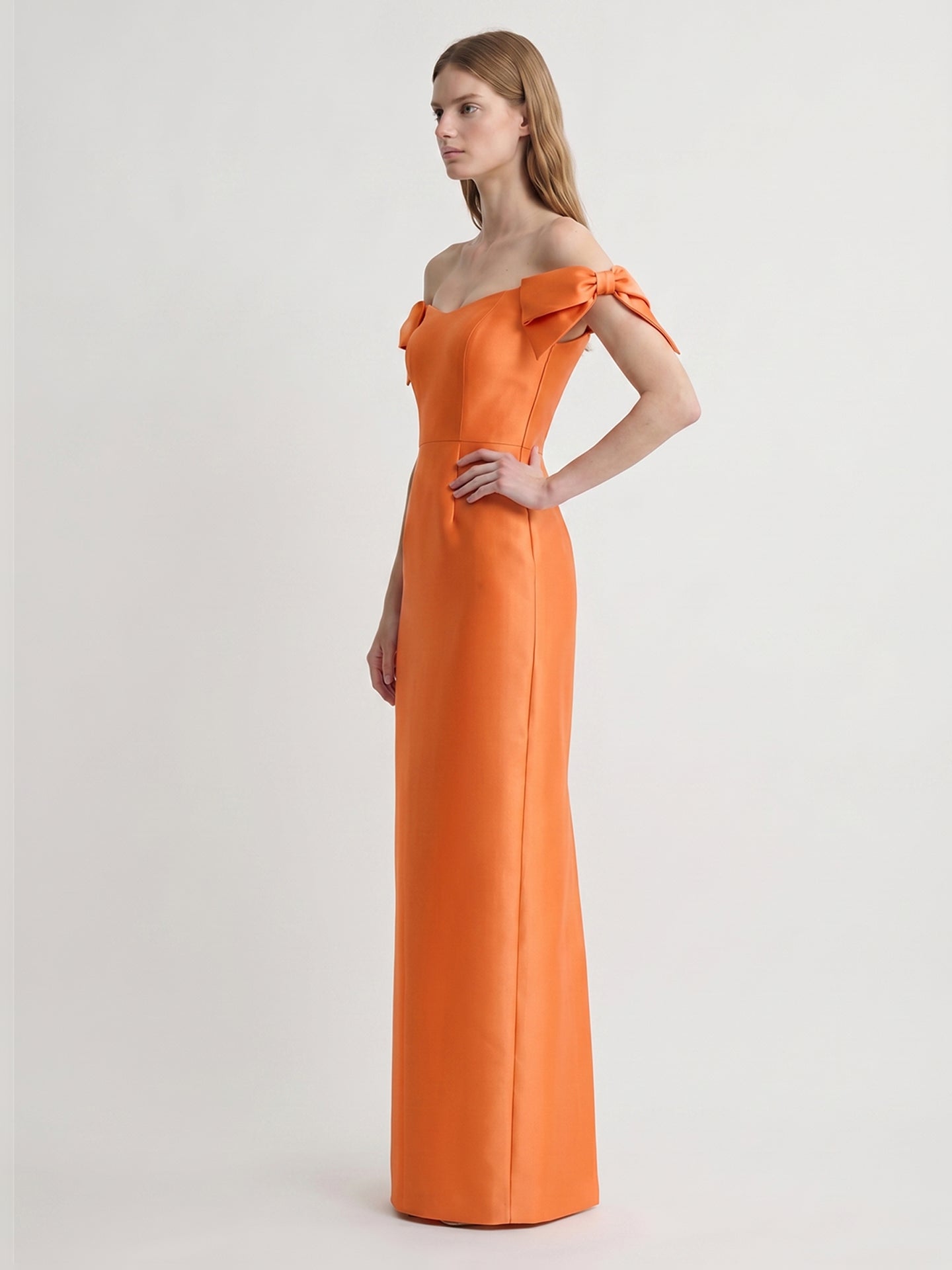 Orange Satin Sheath Straight Neck Back Zip Floor-Length Bridesmaid Dress with Bow - Curvevia