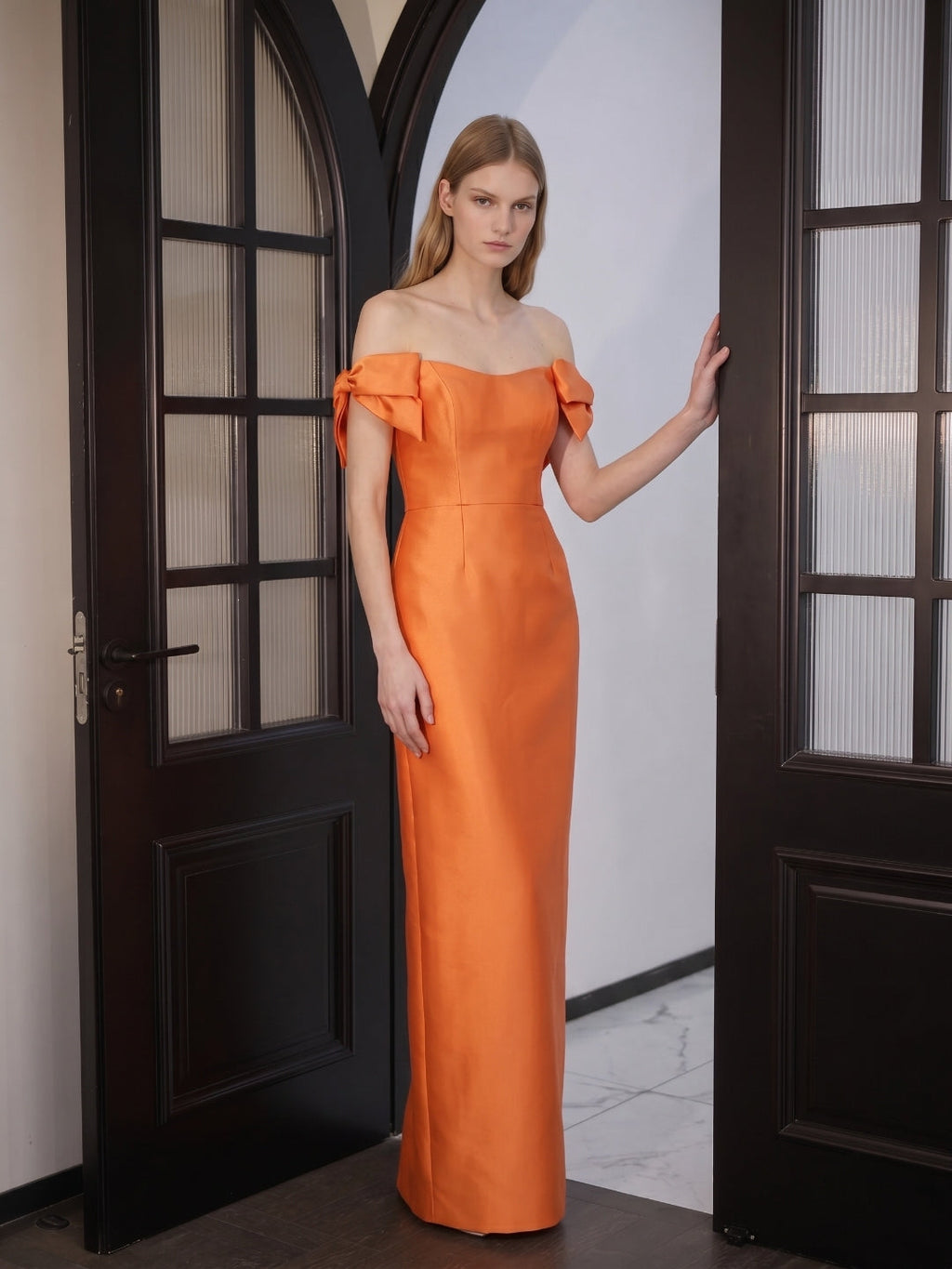 Orange Satin Sheath Straight Neck Back Zip Floor-Length Bridesmaid Dress with Bow - Curvevia