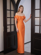 Orange Satin Sheath Straight Neck Back Zip Floor-Length Bridesmaid Dress with Bow - Curvevia