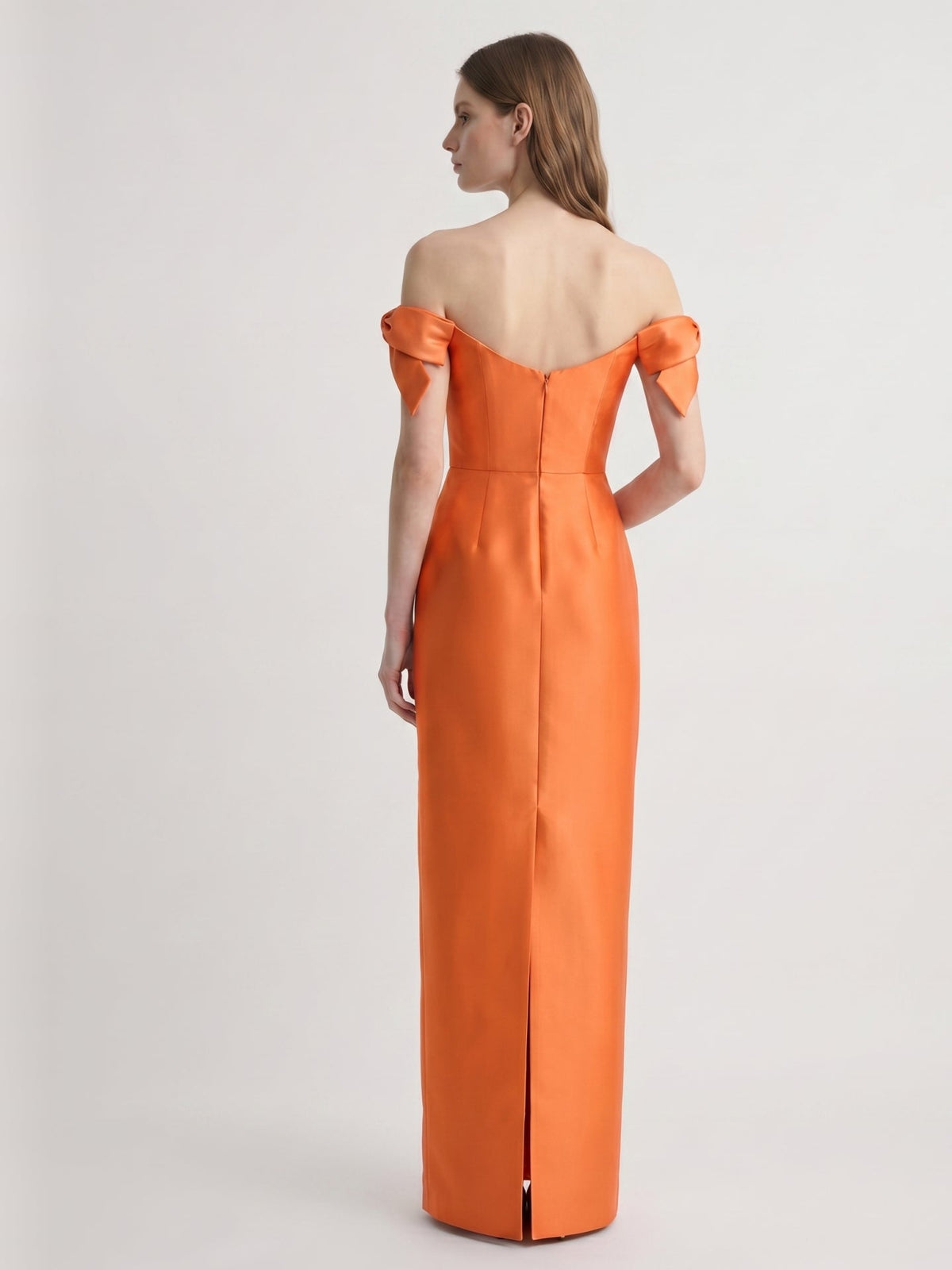 Orange Satin Sheath Straight Neck Back Zip Floor-Length Bridesmaid Dress with Bow - Curvevia